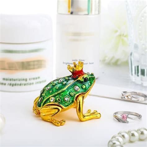 YU FENG Crystal Jeweled Crown Frog Trinket Box Hinged 